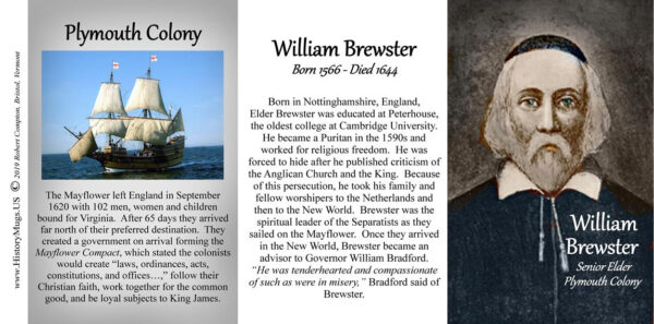William Brewster, Mayflower passenger biographical history mug tri-panel.