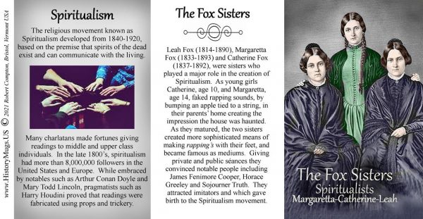 The Fox Sisters, Spiritualists, biographical history mug tri-panel.