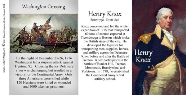 Henry Knox, Washington Crossing biographical history mug tri-panel.