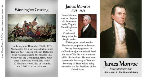 James Monroe, Washington Crossing biographical history mug tri-panel.