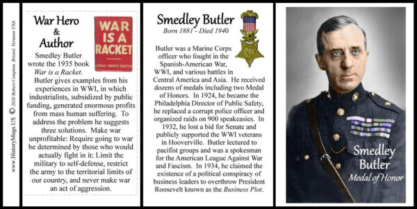 Smedley Butler, Marine Corps officer, World War I, Medal of Honor recipient, biographical history mug tri-panel.