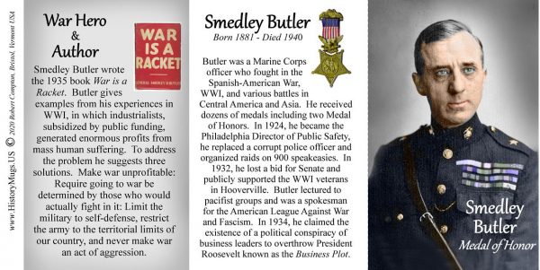 Smedley Butler, Marine Corps officer, World War I, Medal of Honor recipient, biographical history mug tri-panel.