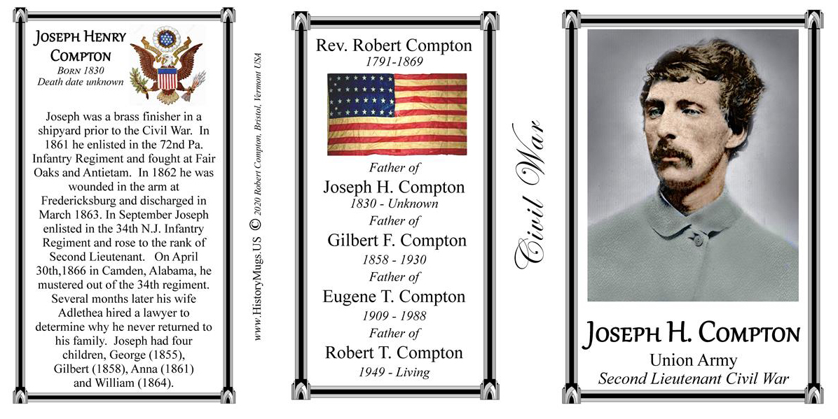 Joseph H. Compton, Family History mug sample of "Black-lined Deco with Back Handle" style mug tri-panel.