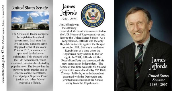James Jeffords, US Senator biographical history mug tri-panel.