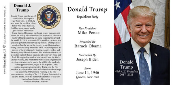 Donald J. Trump, US President biographical history mug tri-panel.