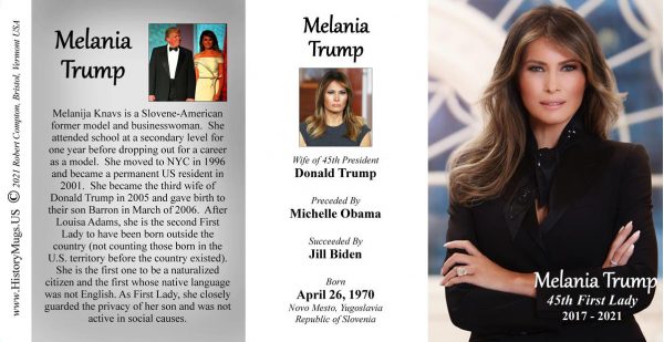 Melania Trump, US First Lady biographical history mug tri-panel.