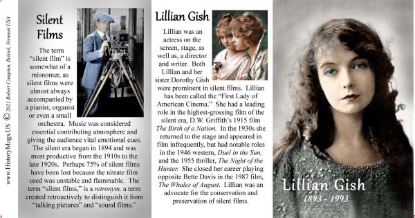 Lillian Gish, silent film actress biographical history mug tri-panel.