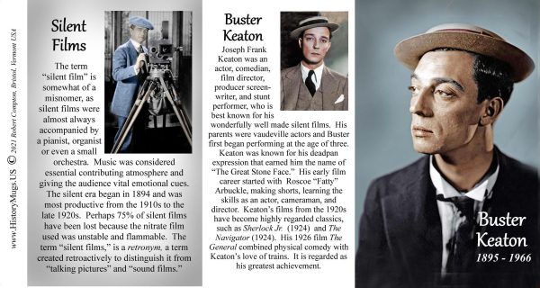 Buster Keaton, motion picture actor biographical history mug tri-panel.