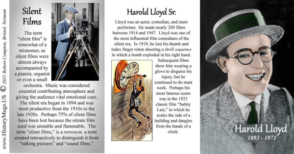 Harold Lloyd, silent film biographical history mug tri-panel.