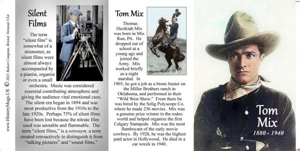 Tom Mix, silent film actor biographical history mug tri-panel.