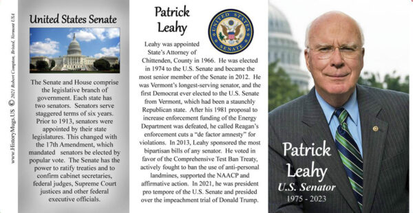 Patrick Leahy, US Senator biographical history mug tri-panel.