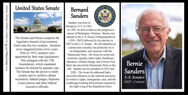 Bernie Sanders, U.S. Senator biographical history mug tri-panel.