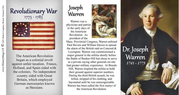 Dr. Joseph Warren, doctor and Revolutionary War patriot biographical history mug tri-panel.