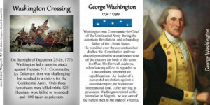 George Washington, Washington Crossing biographical history mug tri-panel.