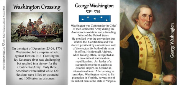 George Washington, Washington Crossing biographical history mug tri-panel.