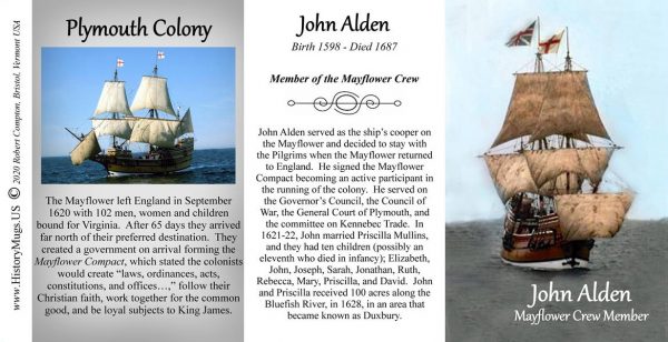 John Alden, Mayflower crew member biographical history mug tri-panel.