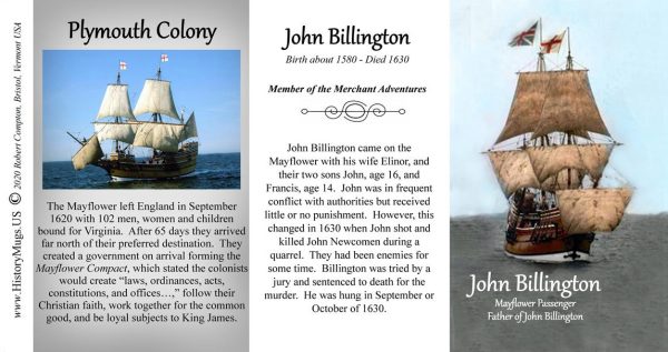 John Billington, Mayflower passenger biographical history mug tri-panel.