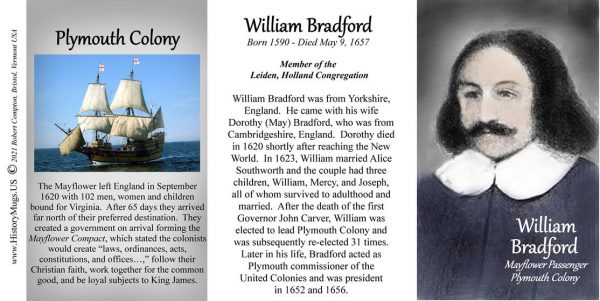 William Bradford, Mayflower passenger biographical history mug tri-panel.