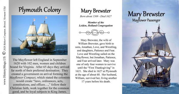 Mary Brewster, Mayflower passenger biographical history mug tri-panel.