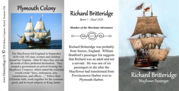 Richard Britteridge, Mayflower passenger biographical history mug tri-panel.