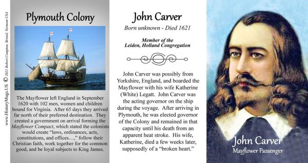 John Carver, Mayflower passenger biographical history mug tri-panel.
