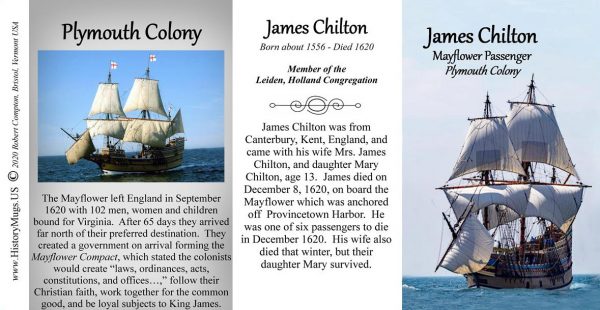 James Chilton, Mayflower passenger biographical history mug tri-panel.