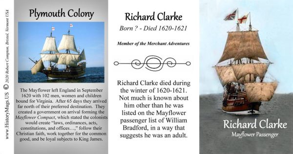 Richard Clarke, Mayflower passenger biographical history mug tri-panel.