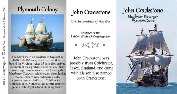 John Crackstone, Mayflower passenger biographical history mug tri-panel.