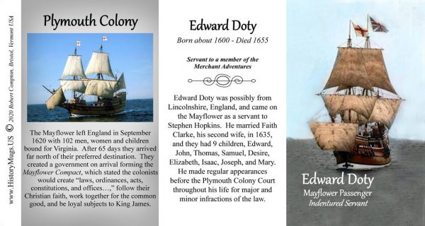 Edward Doty, Mayflower passenger biographical history mug tri-panel.