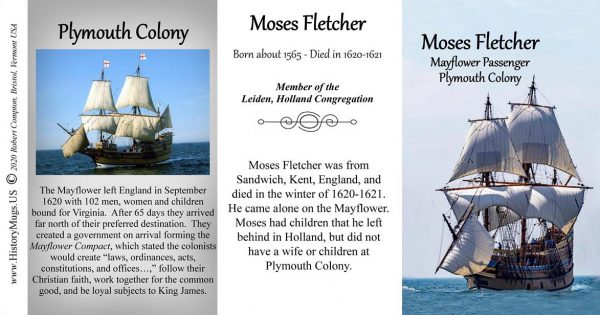 Moses Fletcher, Mayflower passenger biographical history mug tri-panel.