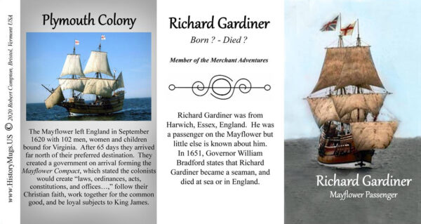 Richard Gardiner, Mayflower passenger biographical history mug tri-panel.