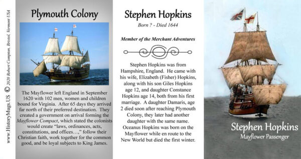 Stephen Hopkins, Mayflower passenger biographical history mug tri-panel.