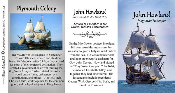 John Howland, Mayflower passenger biographical history mug tri-panel.