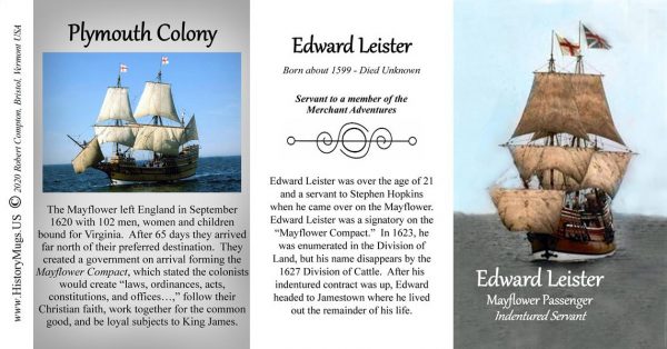 Edward Leister, Mayflower passenger biographical history mug tri-panel.