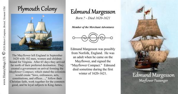 Edmund Margesson, Mayflower passenger biographical history mug tri-panel.
