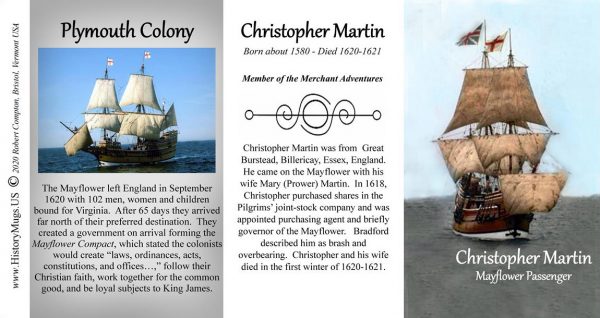 Christopher Martin, Mayflower passenger biographical history mug tri-panel.