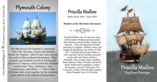 Priscilla Mullins, Mayflower passenger biographical history mug tri-panel.