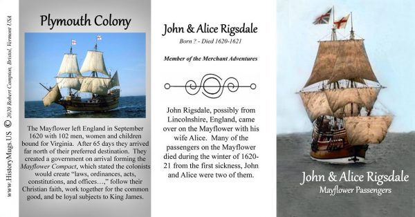 John & Alice Rigsdale, Mayflower passengers biographical history mug tri-panel.