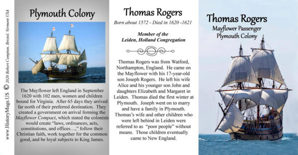 Thomas Rogers, Mayflower passenger biographical history mug tri-panel.