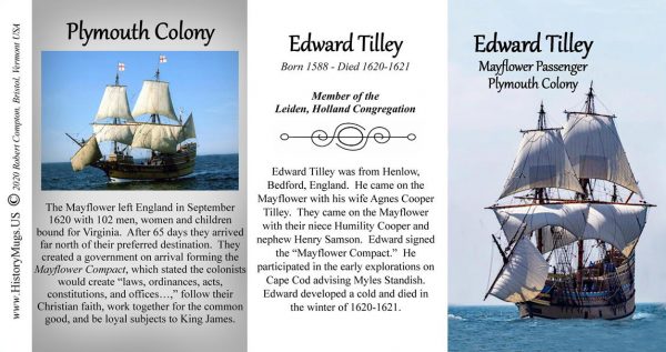 Edward Tilley, Mayflower passenger biographical history mug tri-panel.