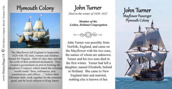 John Turner, Mayflower passenger biographical history mug tri-panel.