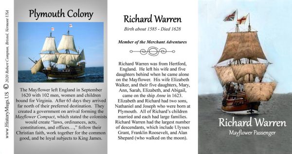Richard Warren, Mayflower passenger biographical history mug tri-panel.