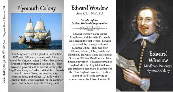 Edward Winslow, Mayflower passenger biographical history mug tri-panel.