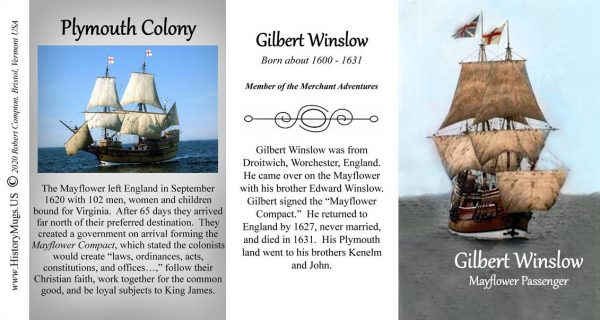 Gilbert Winslow, Mayflower passenger biographical history mug tri-panel.