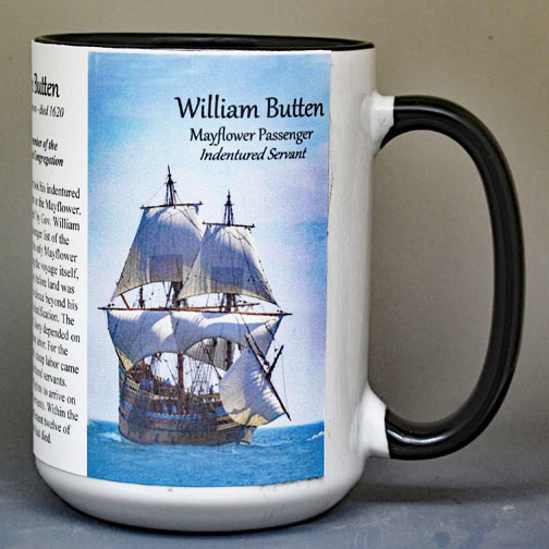 William Butten, Mayflower passenger biographical history mug.