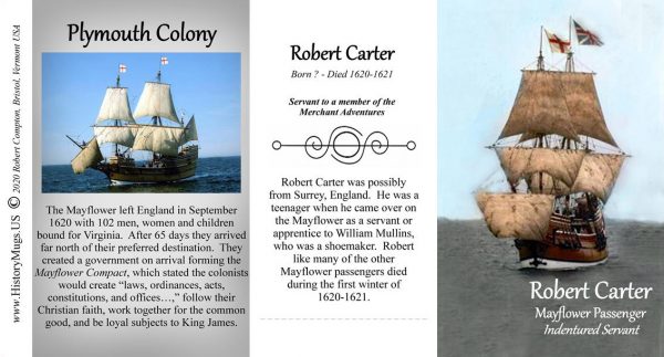 Robert Carter, Mayflower passenger biographical history mug tri-panel.