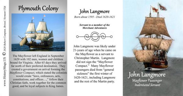 John Langmore, Mayflower passenger biographical history mug tri-panel.