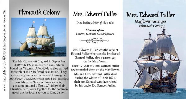 Mrs. Edward Fuller, Mayflower passenger biographical history mug tri-panel.