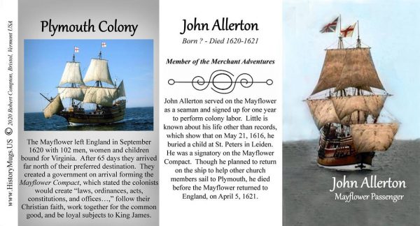John Allerton, Mayflower passenger biographical history mug tri-panel.
