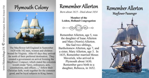 Remember Allerton, Mayflower passenger biographical history mug tri-panel.